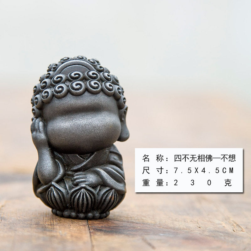 New Chinese-Style National-Inspired Four-No-Face Zen Buddha Ornament, Handcrafted Cast Iron Imitation Decor for Study Room and Home, Tea Pet