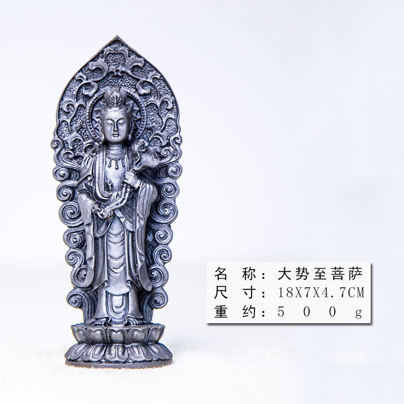 Chinese Rust-Style Cast-Iron Imitation Western Three Holy Beings Statues: Amitabha Buddha, Guanyin Bodhisattva, and Mahasthamaprapta Bodhisattva Standing Figurines Ornaments