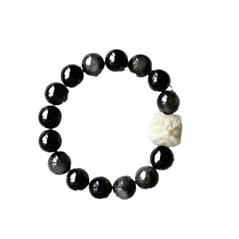 Ivory Nut and Guardian Lion Charm Bracelet with Natural White Jade Bodhi Beads