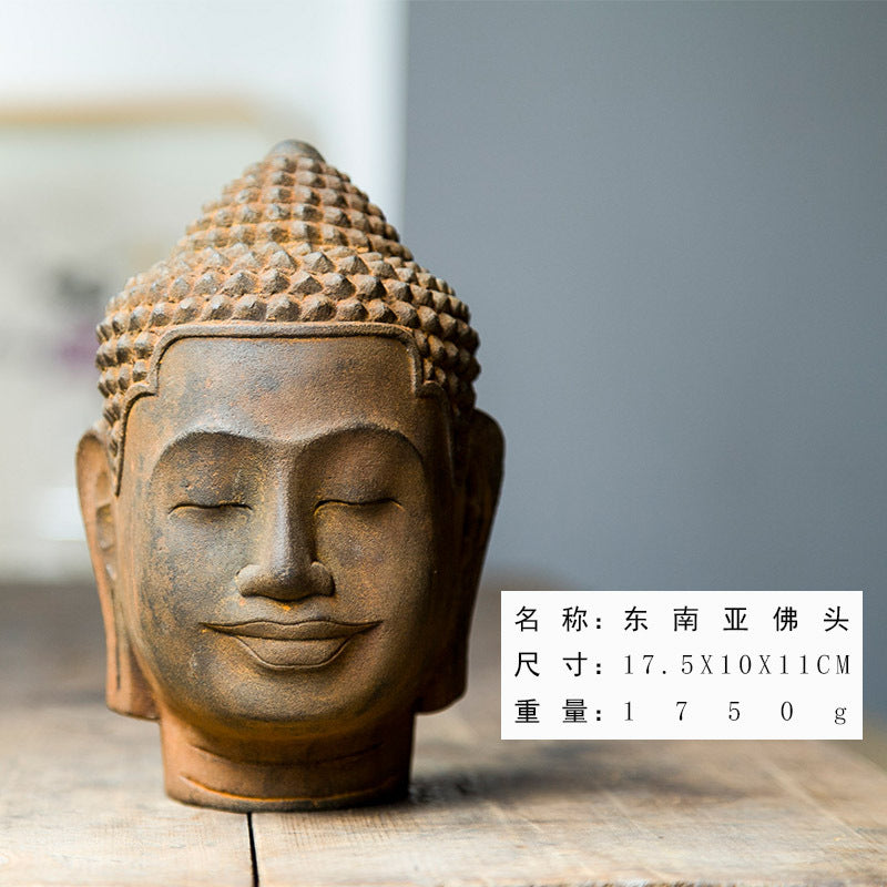 Southeast Asian Buddha Head Desktop Ornament in a Creative Zen Style: Handcrafted Iron Art Decoration for Tabletop Display Made of Faux Cast Iron