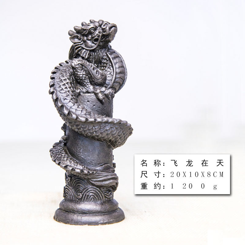 Chinese Zen-Inspired Creative Cast-Iron Style Ornament: "Soaring Dragon in the Sky" Relief Sculpture, Pillar-Wrapped Desktop Decoration, Home Tea Pet Craft Decoration