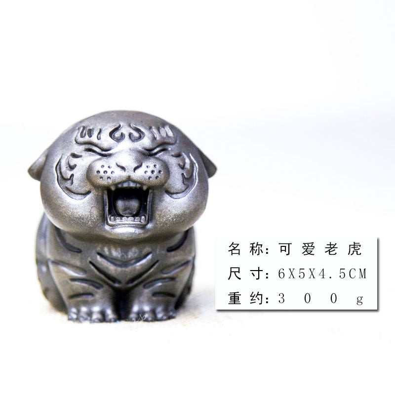 Handmade Sculpture, Creative Faux Cast Iron Mini Tiger Figurine, Chinese Zodiac Tiger, Cute Desktop Ornament