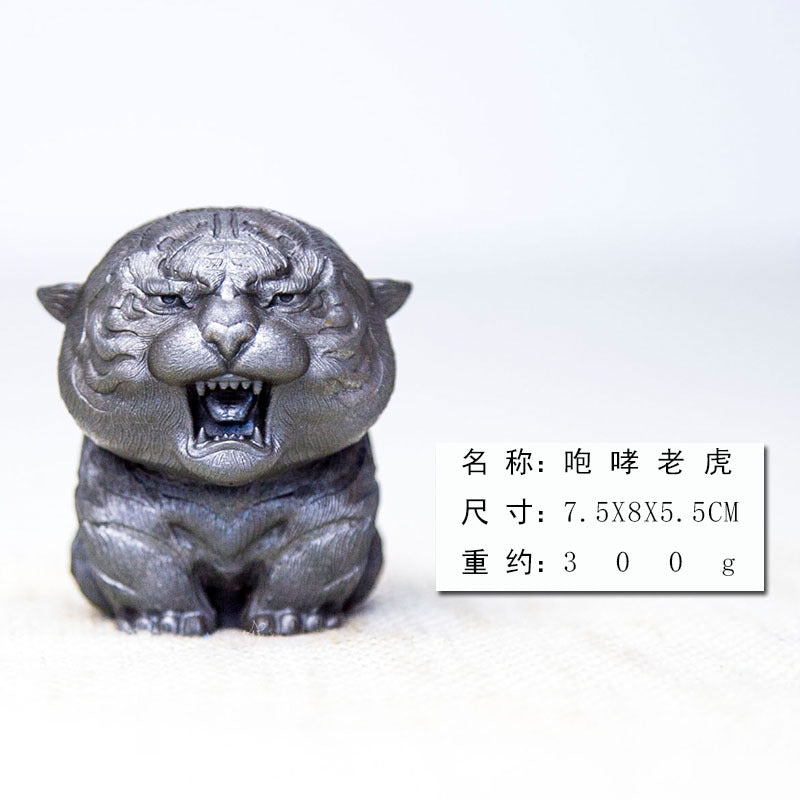 Adorable Mini Tiger Figurine Made of Creative Faux Cast Iron "Calling Mom Tiger," Tea Pet Ornament, Handmade Solid Sculpture
