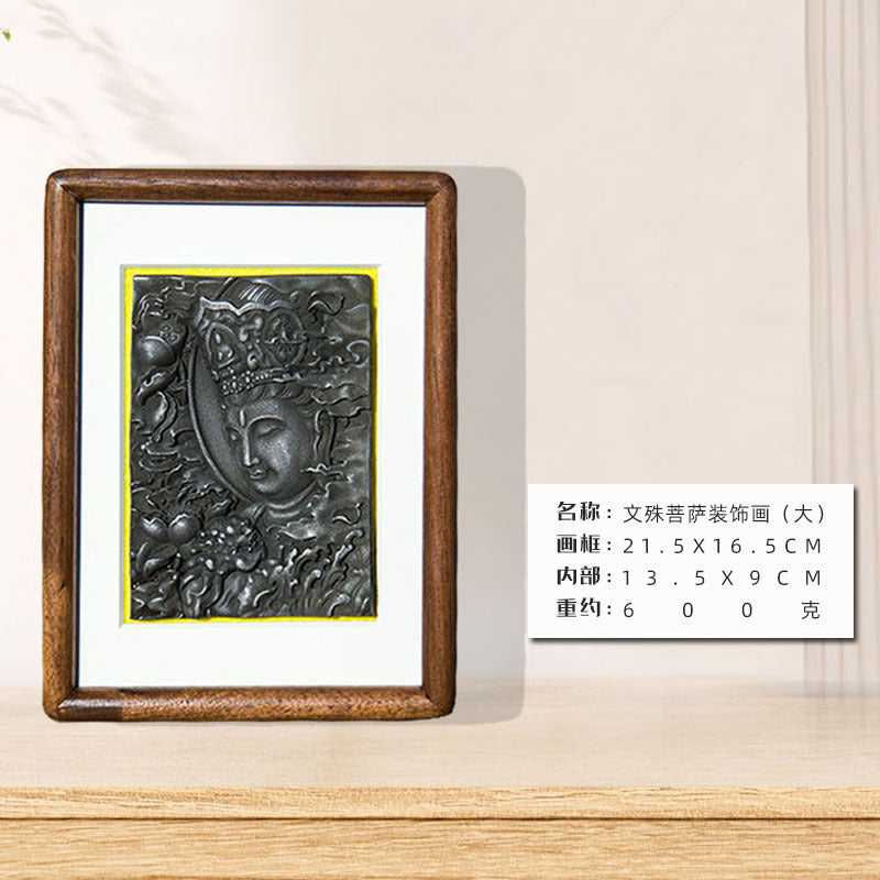 Manjushri Bodhisattva Cast-Iron Relief in Solid Wood Frame: Decorative Wall Art and Desktop Accent for Interior Design