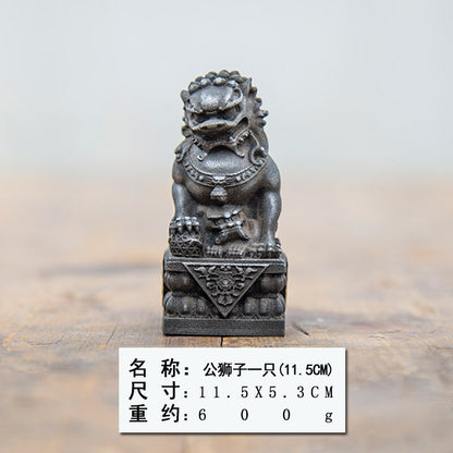 Mini Chinese-Style Rust-Iron Stone Lion Creative Desktop Ornament for Office Decor