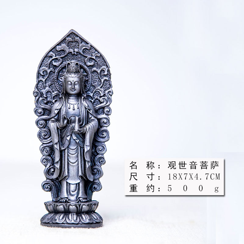 Chinese Rust-Style Cast-Iron Imitation Western Three Holy Beings Statues: Amitabha Buddha, Guanyin Bodhisattva, and Mahasthamaprapta Bodhisattva Standing Figurines Ornaments