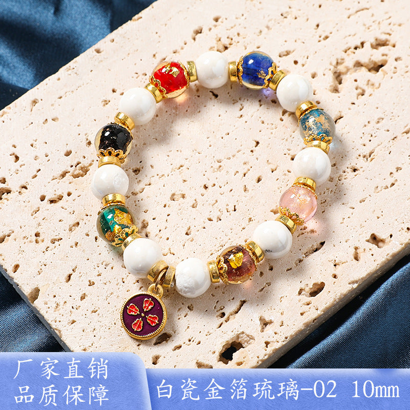 Macaron Gray and Pink Porcelain Beads with Loop Design and Lucky Charm Beads Bracelet, Beijing Ash-Glazed Porcelain Gold Foil Glass Bracelet