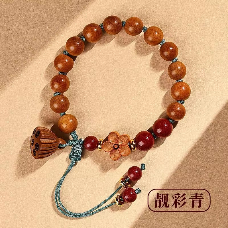 Natural Lotus Seed Pod Pendant Peach Wood Bracelet