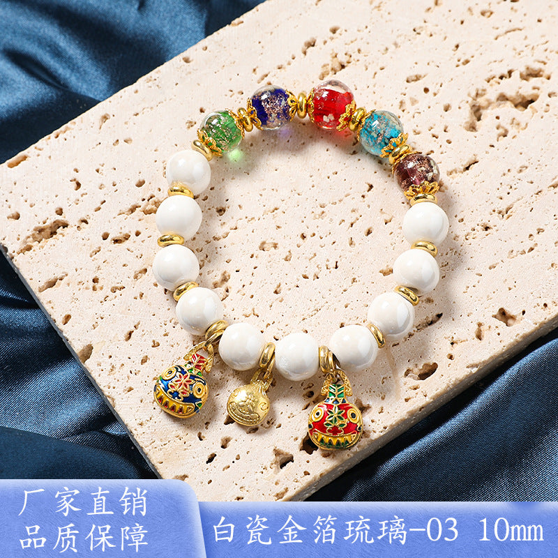 Macaron Gray and Pink Porcelain Beads with Loop Design and Lucky Charm Beads Bracelet, Beijing Ash-Glazed Porcelain Gold Foil Glass Bracelet