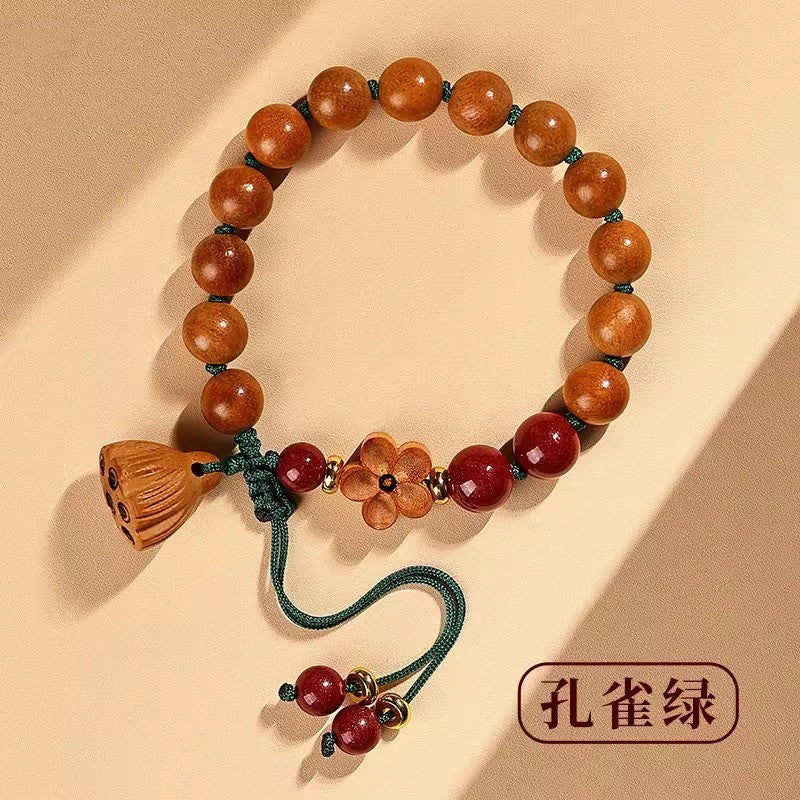 Natural Lotus Seed Pod Pendant Peach Wood Bracelet