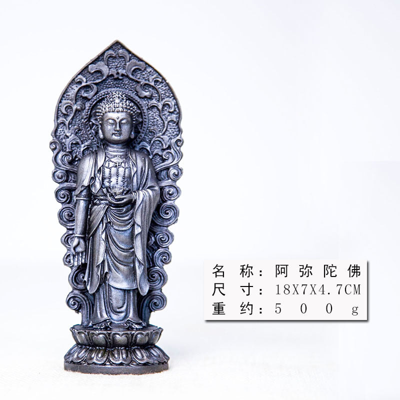 Chinese Rust-Style Cast-Iron Imitation Western Three Holy Beings Statues: Amitabha Buddha, Guanyin Bodhisattva, and Mahasthamaprapta Bodhisattva Standing Figurines Ornaments