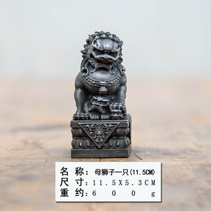 Mini Chinese-Style Rust-Iron Stone Lion Creative Desktop Ornament for Office Decor