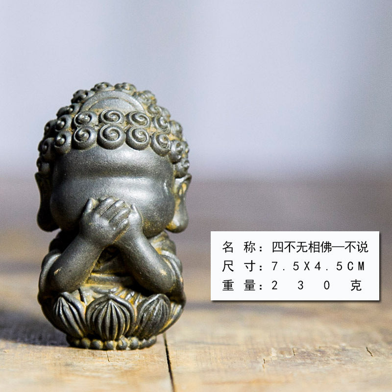 New Chinese-Style National-Inspired Four-No-Face Zen Buddha Ornament, Handcrafted Cast Iron Imitation Decor for Study Room and Home, Tea Pet