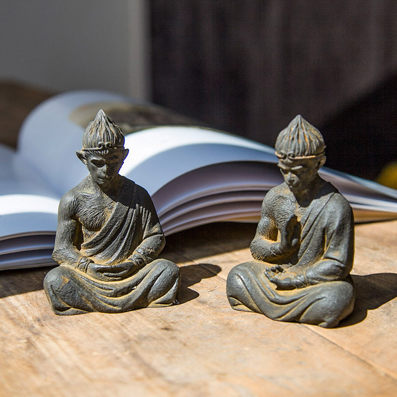 Neo-Chinese warrior Buddha Sun Wukong Monkey desktop iron ornament, home accent, and nourishing tea pet with a Zen-inspired design