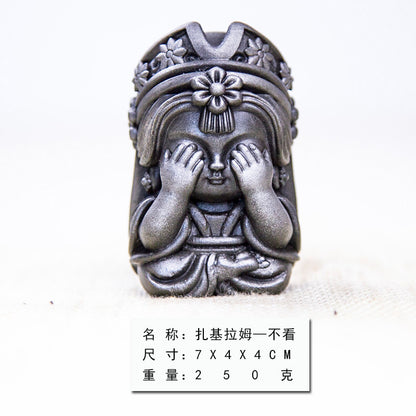 New Chinese-Style National-Inspired "Four-No Zakiram Zen Ornament," Handcrafted Cast Iron-Like Decor for Study, Tea Pet, and Home Display