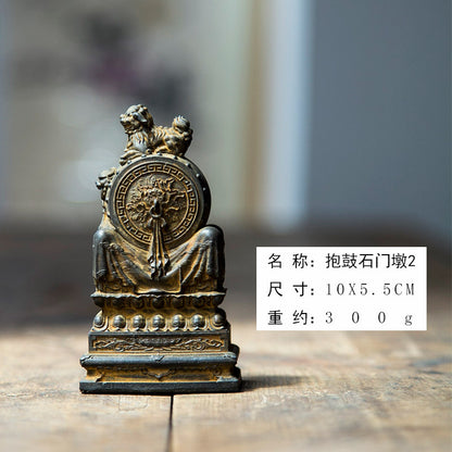 New Chinese-Style National-Inspired Cast Iron Imitation Drum Stone Doorstop Desktop Ornament, Handcrafted Tea Pet in Natural Finish