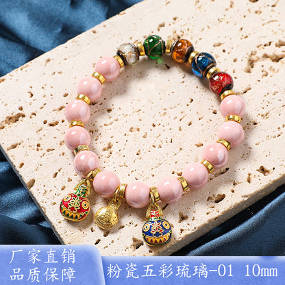 Macaron Gray and Pink Porcelain Beads with Loop Design and Lucky Charm Beads Bracelet, Beijing Ash-Glazed Porcelain Gold Foil Glass Bracelet