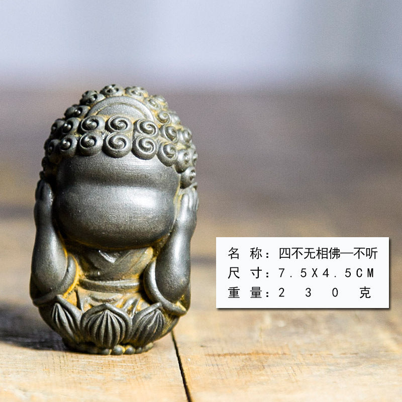 New Chinese-Style National-Inspired Four-No-Face Zen Buddha Ornament, Handcrafted Cast Iron Imitation Decor for Study Room and Home, Tea Pet