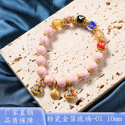 Macaron Gray and Pink Porcelain Beads with Loop Design and Lucky Charm Beads Bracelet, Beijing Ash-Glazed Porcelain Gold Foil Glass Bracelet