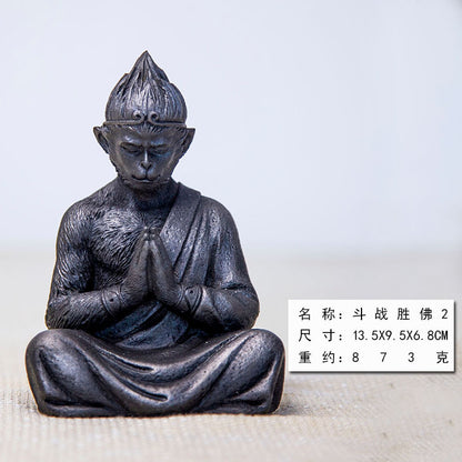Neo-Chinese warrior Buddha Sun Wukong Monkey desktop iron ornament, home accent, and nourishing tea pet with a Zen-inspired design