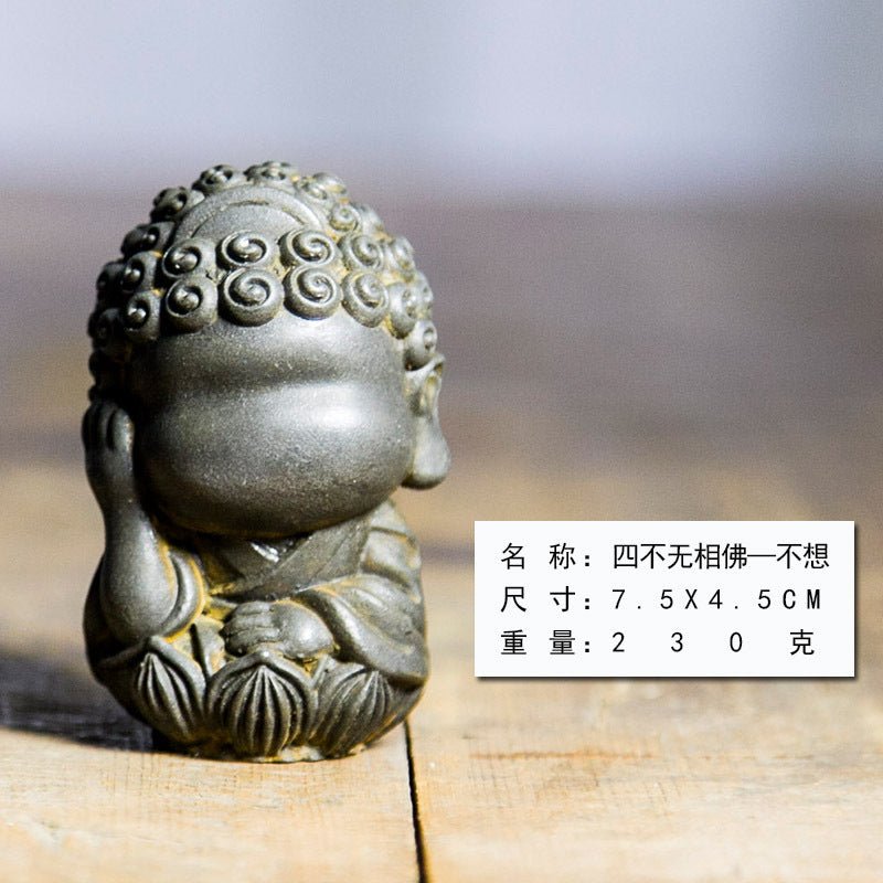 New Chinese-Style National-Inspired Four-No-Face Zen Buddha Ornament, Handcrafted Cast Iron Imitation Decor for Study Room and Home, Tea Pet