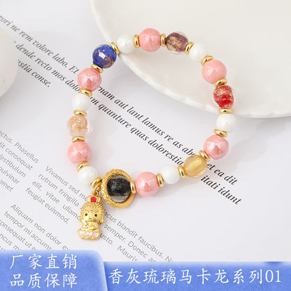 Macaron Gray and Pink Porcelain Beads with Loop Design and Lucky Charm Beads Bracelet, Beijing Ash-Glazed Porcelain Gold Foil Glass Bracelet