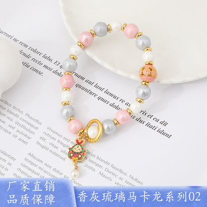 Macaron Gray and Pink Porcelain Beads with Loop Design and Lucky Charm Beads Bracelet, Beijing Ash-Glazed Porcelain Gold Foil Glass Bracelet