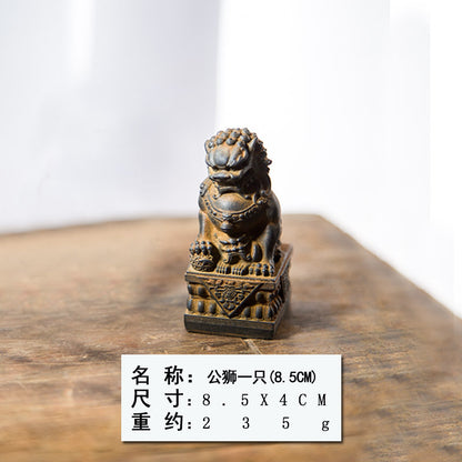 Mini Chinese-Style Rust-Iron Stone Lion Creative Desktop Ornament for Office Decor