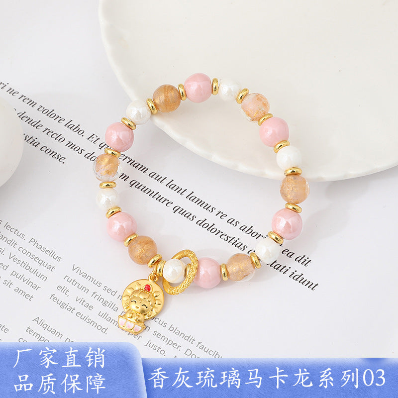 Macaron Gray and Pink Porcelain Beads with Loop Design and Lucky Charm Beads Bracelet, Beijing Ash-Glazed Porcelain Gold Foil Glass Bracelet