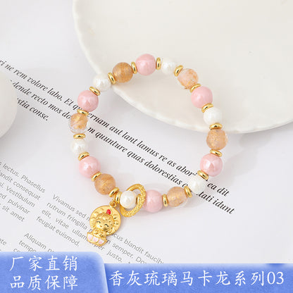 Macaron Gray and Pink Porcelain Beads with Loop Design and Lucky Charm Beads Bracelet, Beijing Ash-Glazed Porcelain Gold Foil Glass Bracelet