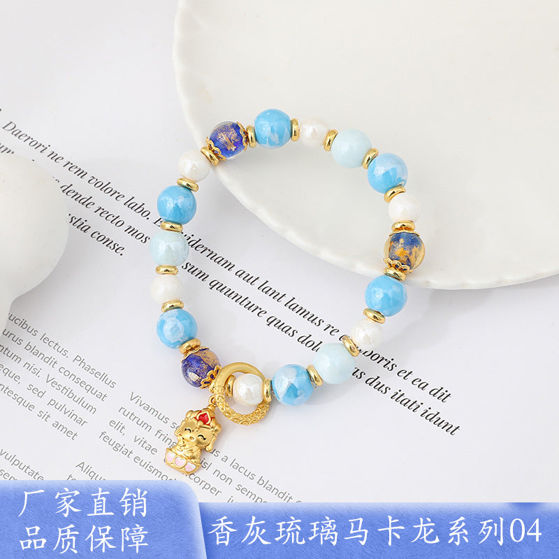 Macaron Gray and Pink Porcelain Beads with Loop Design and Lucky Charm Beads Bracelet, Beijing Ash-Glazed Porcelain Gold Foil Glass Bracelet