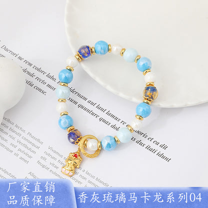 Macaron Gray and Pink Porcelain Beads with Loop Design and Lucky Charm Beads Bracelet, Beijing Ash-Glazed Porcelain Gold Foil Glass Bracelet