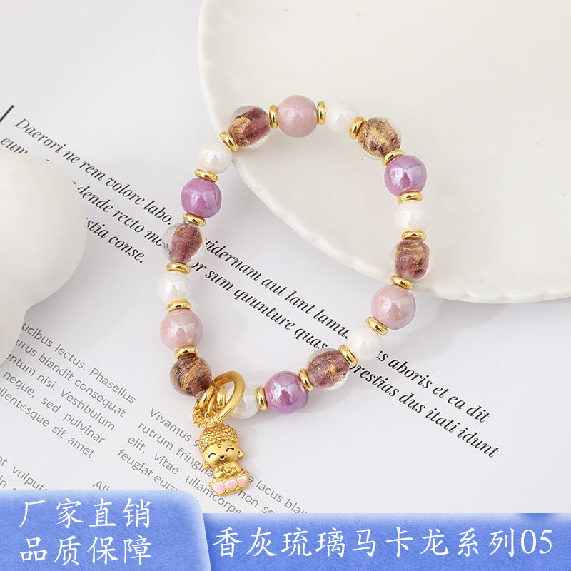 Macaron Gray and Pink Porcelain Beads with Loop Design and Lucky Charm Beads Bracelet, Beijing Ash-Glazed Porcelain Gold Foil Glass Bracelet