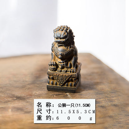Mini Chinese-Style Rust-Iron Stone Lion Creative Desktop Ornament for Office Decor