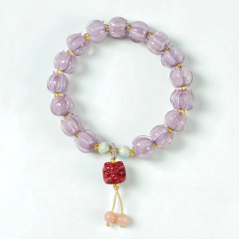 Dusky Mountain Amethyst Cinnabar Lion Awakening Glass Bead Bracelet