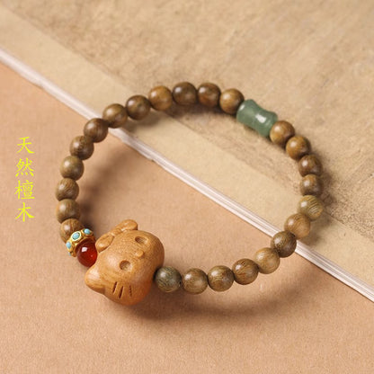 Natural Green Sandalwood Bracelet for Women with Sandalwood Carved Kitty Fortune-Attracting Prayer Beads