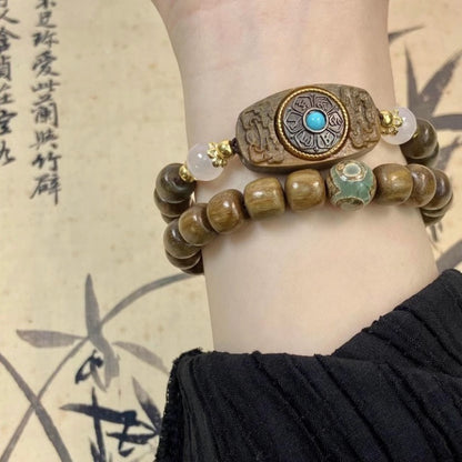 Natural Green Sandalwood Old-Style Bead Bracelet with Six-Word Mantra and Tai Sui Amulet Double-Wrap Prayer Beads Bracelet