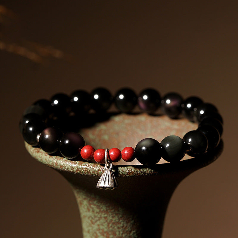 Natural Obsidian Buddha Bead Lotus Pod Bracelet
