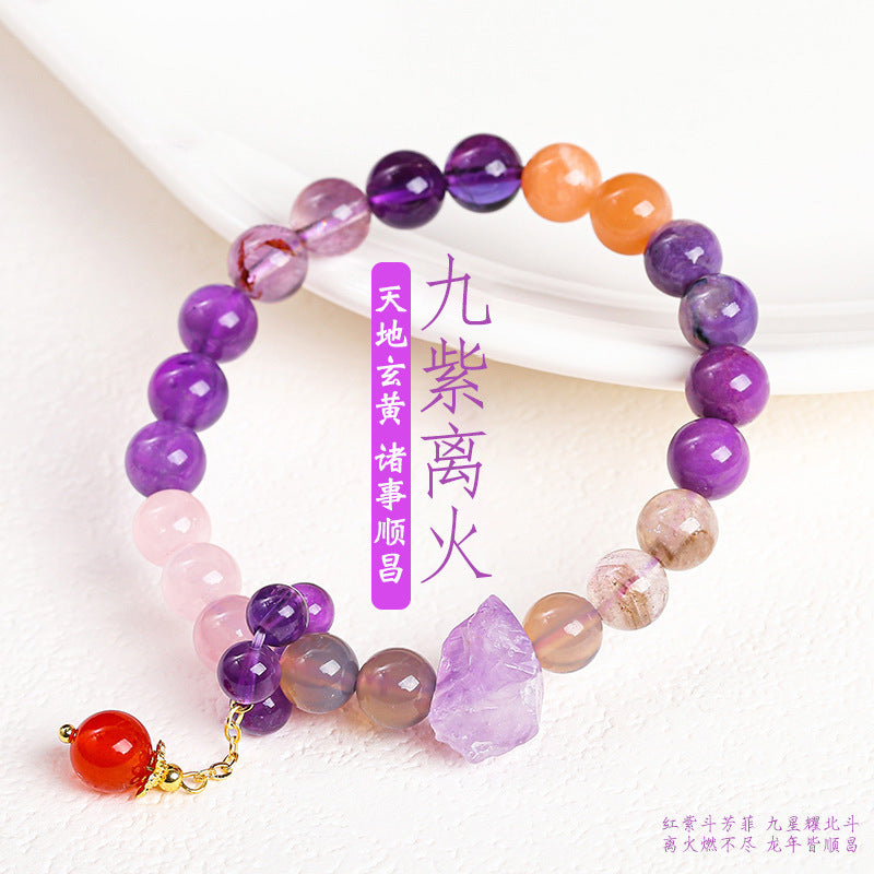 Women's Dragon Year Birthstone Bracelet with Natural Nine-Purple Li Fire Multi-Gem Crystals for Fortune and Purple Luck