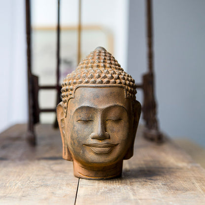 Southeast Asian Buddha Head Desktop Ornament in a Creative Zen Style: Handcrafted Iron Art Decoration for Tabletop Display Made of Faux Cast Iron