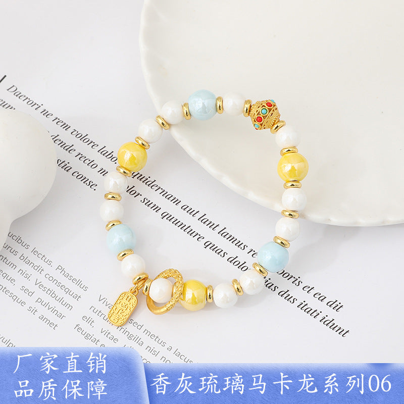 Macaron Gray and Pink Porcelain Beads with Loop Design and Lucky Charm Beads Bracelet, Beijing Ash-Glazed Porcelain Gold Foil Glass Bracelet