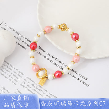 Macaron Gray and Pink Porcelain Beads with Loop Design and Lucky Charm Beads Bracelet, Beijing Ash-Glazed Porcelain Gold Foil Glass Bracelet