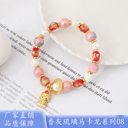 Macaron Gray and Pink Porcelain Beads with Loop Design and Lucky Charm Beads Bracelet, Beijing Ash-Glazed Porcelain Gold Foil Glass Bracelet