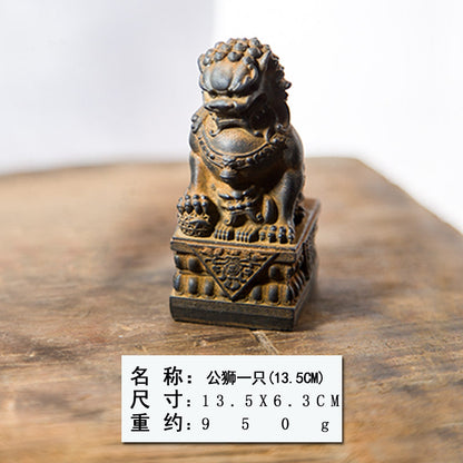 Mini Chinese-Style Rust-Iron Stone Lion Creative Desktop Ornament for Office Decor
