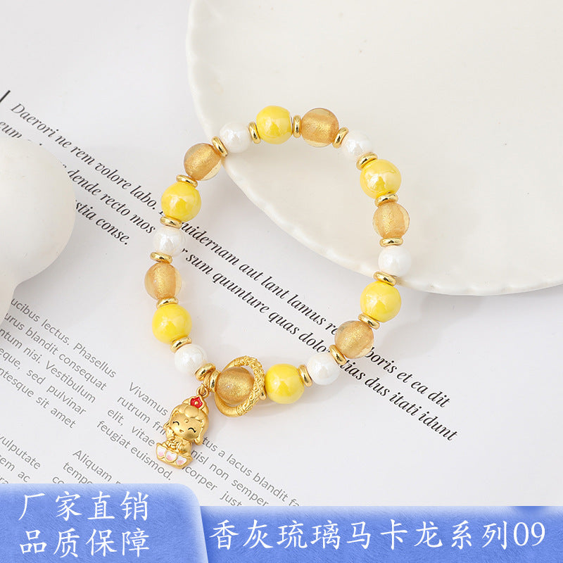 Macaron Gray and Pink Porcelain Beads with Loop Design and Lucky Charm Beads Bracelet, Beijing Ash-Glazed Porcelain Gold Foil Glass Bracelet