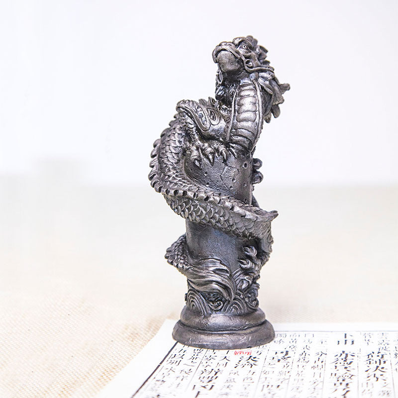 Chinese Zen-Inspired Creative Cast-Iron Style Ornament: "Soaring Dragon in the Sky" Relief Sculpture, Pillar-Wrapped Desktop Decoration, Home Tea Pet Craft Decoration