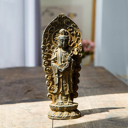Chinese Rust-Style Cast-Iron Imitation Western Three Holy Beings Statues: Amitabha Buddha, Guanyin Bodhisattva, and Mahasthamaprapta Bodhisattva Standing Figurines Ornaments