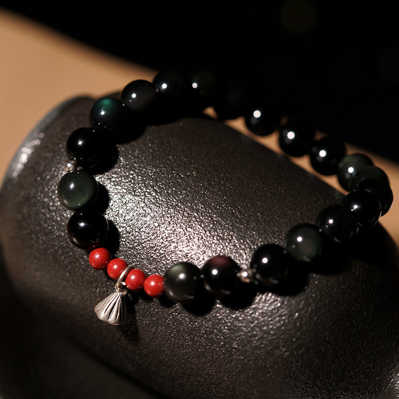 Natural Obsidian Buddha Bead Lotus Pod Bracelet