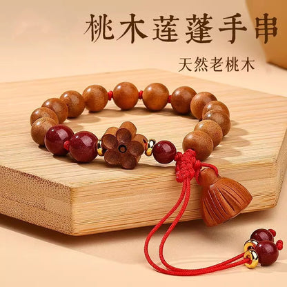Natural Lotus Seed Pod Pendant Peach Wood Bracelet