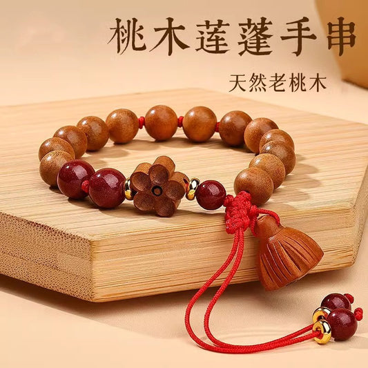 Natural Lotus Seed Pod Pendant Peach Wood Bracelet